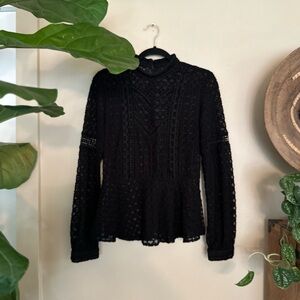 Anna Sui Black Peplum Blouse with Long Sleeves and Peter Pan Collar
